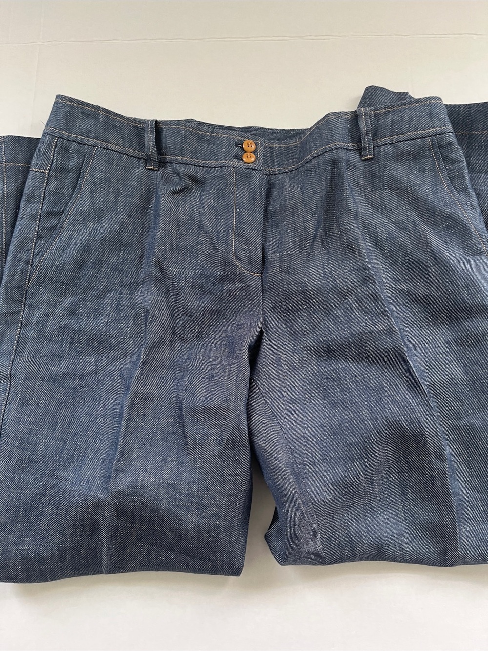 Talbots Blue Denim Linen Trousers  Pants with Cream Trim